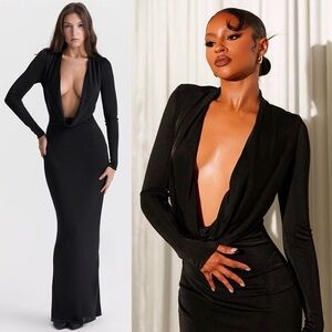 NEW! House of CB- SASKIA Black Draped Maxi Dress Size Large Plunge Neckline